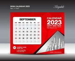 september 2023 sjabloon- bureau kalender 2023 jaar sjabloon, muur kalender 2023 jaar, week begint zondag, ontwerper ontwerp, schrijfbehoeften ontwerp, folder ontwerp, het drukken media, rood veelhoek backgrund vector