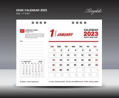 januari 2023 sjabloon- bureau kalender 2023 jaar sjabloon, muur kalender 2023 jaar, week begint zondag, ontwerper ontwerp, schrijfbehoeften ontwerp, folder ontwerp, het drukken media, rood concept ontwerp vector