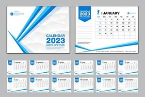 kalender 2023 sjabloon reeks vector, week begint zondag, reeks van 12 maand, bureau kalender 2023 jaar, muur kalender 2023, planner, bedrijf sjabloon, briefpapier, het drukken media, blauw veelhoek achtergrond vector