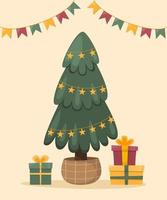 de boom is versierd met ballen, slingers, lampen, een ster, geschenkdozen. kerstboom. Vrolijk Kerstfeest. gelukkig nieuwjaar. vector afbeelding, illustratie