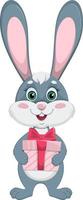 schattig konijn met een geschenk. tekenfilm illustratie van een gelukkig weinig konijn Holding een geschenk doos. vector illustratie