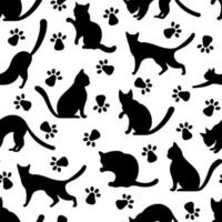 silhouetten van zwart katten in divers poses naadloos vector patroon. huisdieren wandelen, Speel, jacht, zitten, wassen. schattig kittens en poot afdrukken. gemakkelijk monochroom achtergrond met dieren voor kleding stof, behang, web