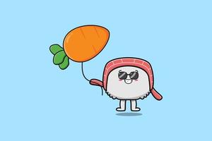 schattig tekenfilm sushi drijvend met wortel ballon vector