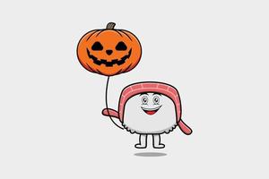 schattig tekenfilm sushi drijvend met pompoen halloween vector