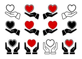 hand- hart icoon set. hand- Holding hart icoon. liefde icoon. Gezondheid hand- Holding hart vlak en lijn stijl vector