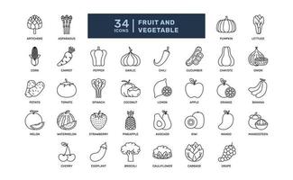 fruit en groente vers natuurlijk salade tropisch kruidenier voedsel gedetailleerd dun lijn schets icoon set. gemakkelijk vector illustratie