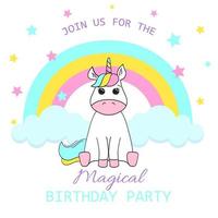 verjaardag partij uitnodiging met een baby eenhoorn. vector illustratie Aan wit achtergrond