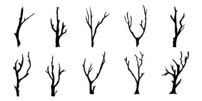 zwarte tak boom of naakte bomen silhouetten set. hand getrokken geïsoleerde illustraties. vector