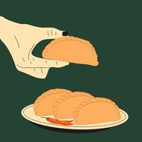 hand- houdt empanada. Latijns Amerikaans voedsel empanadas in bord. vector in tekenfilm stijl. allemaal elementen zijn geïsoleerd