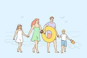 reizend, genieten van vakanties met familie concept. gelukkig familie moeder vader en kinderen hebben pret samen Aan kust Aan strand gedurende reis vector illustratie