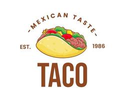 taco met vlees en groente. traditioneel Latijns Amerikaans Mexicaans Fast food. taco's logo icoon sticker voedsel concept. wijnoogst retro vlak tekenfilm stijl. vector