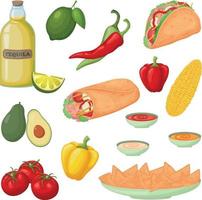 een groot reeks van Mexicaans voedsel zo net zo taco's, burrito's, nacho's en tequila. en ook groenten, maïs, tomaten, peper, avocado en citroen. vector illustratie