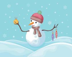 de sneeuwman. winter illustratie beeltenis een schattig sneeuwman met Kerstmis boom speelgoed. een vrolijk sneeuwman in een hoed en sjaal. Kerstmis illustratie vector