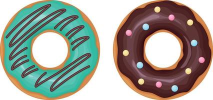 donut. een verzameling van donuts versierd met suikerglazuur en chocola. zoet nagerecht, vector illustratie geïsoleerd Aan wit achtergrond