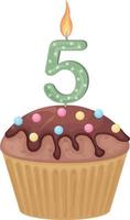 een taart met een kaars in de het formulier van de aantal vijf. verjaardag muffin. zoet feestelijk nagerecht. vector illustratie geïsoleerd Aan een wit achtergrond