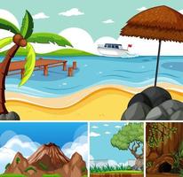 vier verschillende scènes in cartoonstijl in de natuuromgeving vector