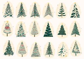 versierd Kerstmis boom reeks met Kerstmis ballen en sterren hand- getrokken vlak illustratie Aan wit achtergrond vector