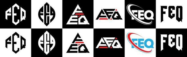 feq brief logo ontwerp in zes stijl. feq veelhoek, cirkel, driehoek, zeshoek, vlak en gemakkelijk stijl met zwart en wit kleur variatie brief logo reeks in een tekengebied. feq minimalistische en klassiek logo vector