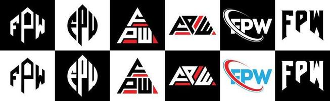 fpw brief logo ontwerp in zes stijl. fpw veelhoek, cirkel, driehoek, zeshoek, vlak en gemakkelijk stijl met zwart en wit kleur variatie brief logo reeks in een tekengebied. fpw minimalistische en klassiek logo vector