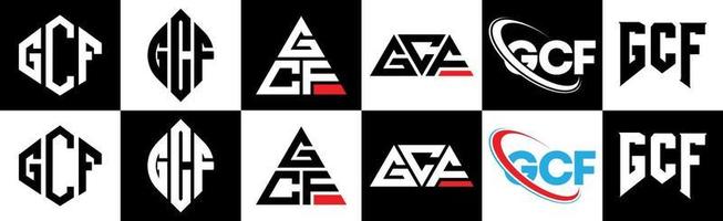 gcf brief logo ontwerp in zes stijl. gcf veelhoek, cirkel, driehoek, zeshoek, vlak en gemakkelijk stijl met zwart en wit kleur variatie brief logo reeks in een tekengebied. gcf minimalistische en klassiek logo vector