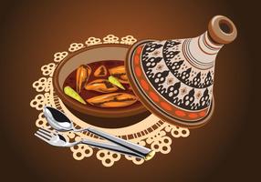 Illustratie van Sambal Kip Tajine Geserveerd Met Olijven, In Een Rustieke Mooie Tagine Pot vector