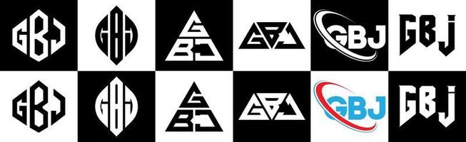 gbj brief logo ontwerp in zes stijl. gbj veelhoek, cirkel, driehoek, zeshoek, vlak en gemakkelijk stijl met zwart en wit kleur variatie brief logo reeks in een tekengebied. gbj minimalistische en klassiek logo vector