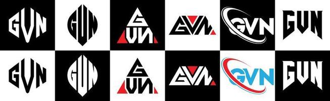 gvn brief logo ontwerp in zes stijl. gvn veelhoek, cirkel, driehoek, zeshoek, vlak en gemakkelijk stijl met zwart en wit kleur variatie brief logo reeks in een tekengebied. gvn minimalistische en klassiek logo vector