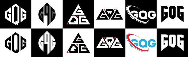 gqg brief logo ontwerp in zes stijl. gqg veelhoek, cirkel, driehoek, zeshoek, vlak en gemakkelijk stijl met zwart en wit kleur variatie brief logo reeks in een tekengebied. gqg minimalistische en klassiek logo vector