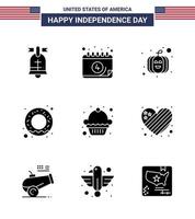 gelukkig onafhankelijkheid dag 4e juli reeks van 9 solide glyphs Amerikaans pictogram van Amerikaans toetje Amerikaans taart voedsel bewerkbare Verenigde Staten van Amerika dag vector ontwerp elementen