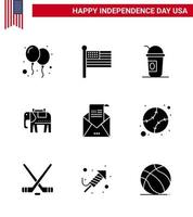 gelukkig onafhankelijkheid dag Verenigde Staten van Amerika pak van 9 creatief solide glyphs van groet e-mail Amerika Verenigde Staten van Amerika olifant bewerkbare Verenigde Staten van Amerika dag vector ontwerp elementen