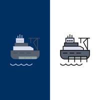 schip boot lading bouw pictogrammen vlak en lijn gevulde icoon reeks vector blauw achtergrond