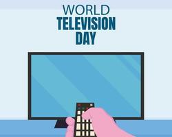 illustratie vector grafisch van een hand- Holding een TV op afstand, tonen een vlak TV scherm, perfect voor Internationale dag, wereld televisie dag, vieren, groet kaart, enz.