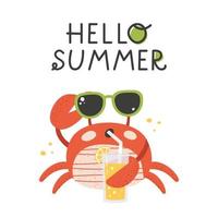 grappig tekenfilm krab in zonnebril drankjes limonade. Hallo zomer belettering. geïsoleerd vector illustratie Aan wit achtergrond.