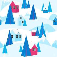 naadloos patroon Kerstmis vakantie in de bergen. winter dag buitenshuis landschap sneeuw, warm knus huizen en pijnboom bomen. vakantie in dorp huis. Woud achtergrond ski toevlucht. vector illustratie.