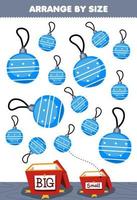 onderwijs spel voor kinderen regelen door grootte groot of klein zetten het in de geschenk doos van schattig tekenfilm blauw bal ornament afdrukbare winter werkblad vector