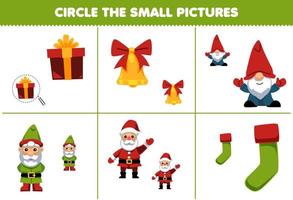 onderwijs spel voor kinderen cirkel de klein afbeelding van schattig tekenfilm geschenk doos klok gnoom de kerstman sok afdrukbare winter werkblad vector