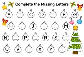 onderwijs spel voor compleet de missend brieven met schattig tekenfilm Kerstmis boom afbeelding afdrukbare winter werkblad vector