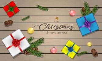 vrolijk Kerstmis en gelukkig nieuw jaar groen pijnboom blad goud bal sterren geschenk doos Aan bruin hout ontwerp voor vakantie festival viering achtergrond vector
