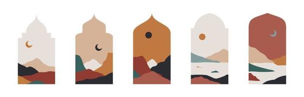 Islamitisch venster berg landschap. modern Arabisch boog oosters stijl, abstract boho minimaal kunst. Ramadan boog met boho stijl. vector