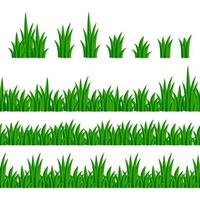 reeks van trossen, struiken, naadloos borders van groen gras Aan een wit achtergrond. tekenfilm groen gras en kruiden grenzen. vector illustratie.