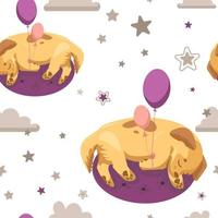 naadloos patroon. schattig kinderachtig illustratie, slapen pup, ballonnen, wolken, sterren. delicaat kleuren. voor kinderkamer, het drukken Aan kleding stof, kleding, behang, verpakking, banier, achtergrond. vector