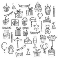 verjaardag groet partij decoraties. cadeaus presenteert, cupcakes, viering taart vector