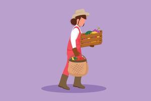 tekenfilm vlak stijl tekening vrouw boer draag- mand vol van fruit in haar handen. overvloedig opbrengsten van plantages in de platteland. geslaagd landbouw concept. grafisch ontwerp vector illustratie