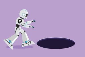 grafisch vlak ontwerp tekening robot op zoek Bij zwart gat. tech bedrijf kans, exploratie of uitdaging. toekomst technologie ontwikkeling. kunstmatig intelligentie. tekenfilm stijl vector illustratie