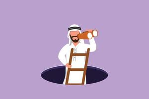 tekenfilm vlak stijl tekening Arabisch zakenman klimt uit van gat door ladder en gebruik makend van verrekijker. bedrijf visie, idee, oplossing. op zoek voor kans, uitdaging. grafisch ontwerp vector illustratie