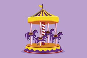 grafisch vlak ontwerp tekening paard carrousel in amusement park spinnen onder groot tent met vlag Aan het. recreatie kinderen hield. Speel Aan kermis buitenshuis festival. tekenfilm stijl vector illustratie