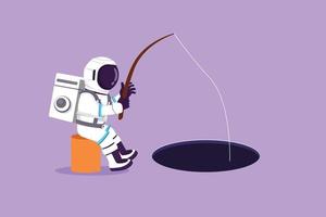 karakter vlak tekening van jong astronaut zittend en Holding visvangst hengel van gat in maan oppervlak. wetenschappelijk ruimteschip investering metafoor. kosmonaut buitenste ruimte. tekenfilm ontwerp vector illustratie