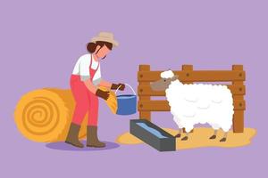 tekenfilm vlak stijl tekening vrouw boer voeden schapen met vers gras naar worden gezond, produceren het beste melk, vlees, vlies. vee arbeider activiteiten. geslaagd landbouw. grafisch ontwerp vector illustratie