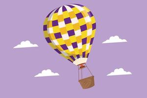 grafisch vlak ontwerp tekening kleurrijk heet lucht ballon met streep patroon en passagier mand vliegend hoog in de lucht. vakantie of avontuur ervaring voor familie. tekenfilm stijl vector illustratie