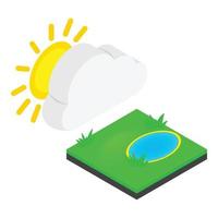 wolk vijver icoon isometrische vector. vijver met groen gras geel zon achter wolk vector